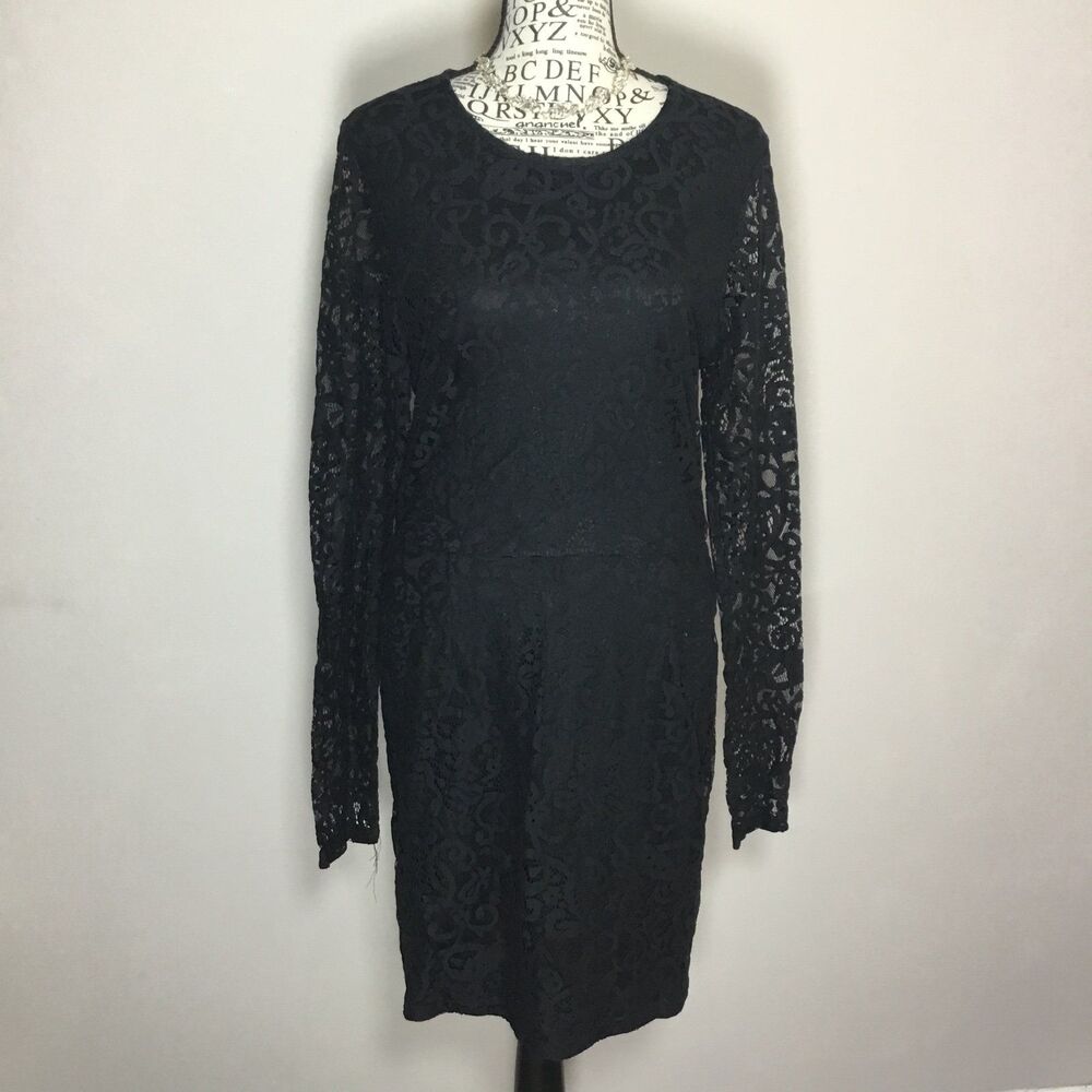 Black lace lined evening dress midi length sheer in back long sleeves witchy M